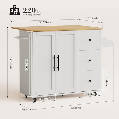 Kitchen Island with Storage, Rolling Kitchen Cart with 3 Drawers Kitchen Storage Cabinet on Wheels with Inner Adjustable Shelves for Dining Room/Living Room Thicker,39.37