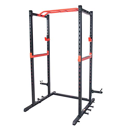 Sunny Health & Fitness Power Zone Strength Rack Power Cage - 1000 LB Weight Capacity, Spotter Bar, Angled Pull-Up Bar, J-Hooks, Resistance Band Pins, Optional LAT Pull Down