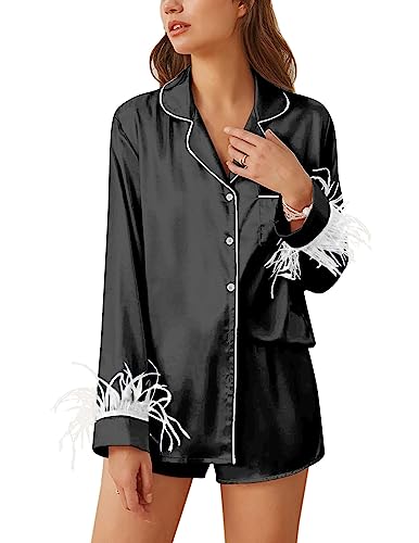 Ekouaer Women's Bridal Feather Trim Silk Satin Pajama Set Long Sleeve Lounge Sets Sleepwear (Removable Feather)
