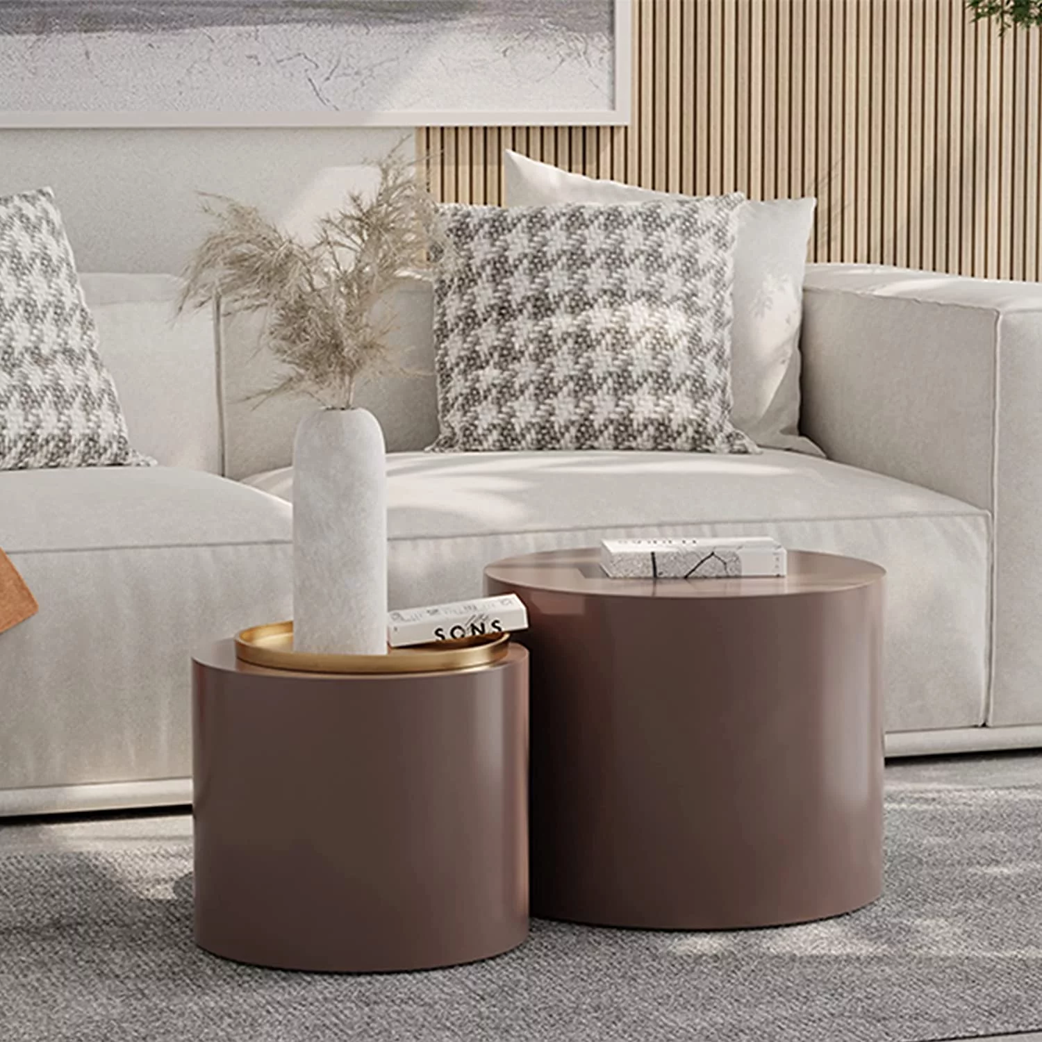 Nesting Coffee Table Set of 2 Modern Circle Wood Side Table for Small Space, Living Room Bedroom Office, No Need Assembly