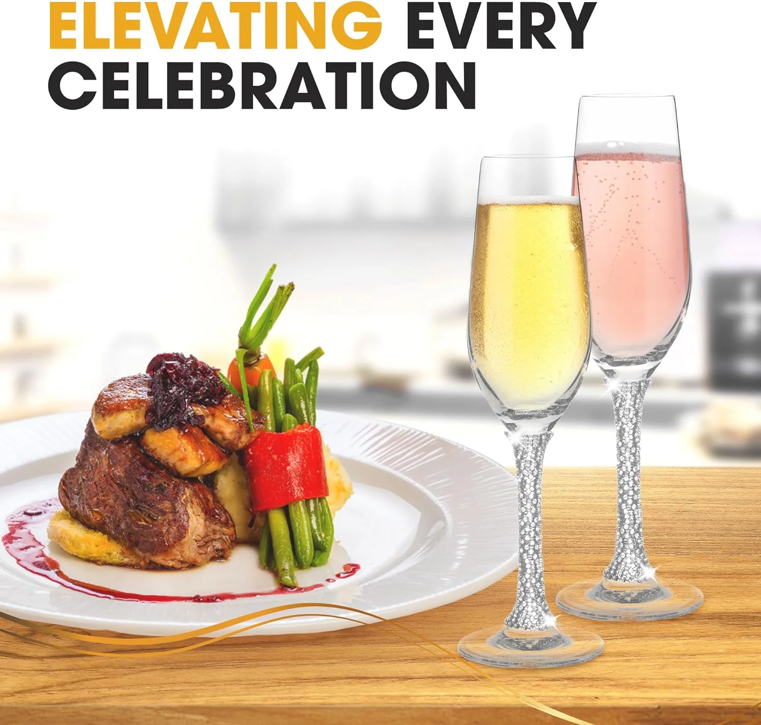 Premium Champagne Flutes - Crystal Champagne Glasses With Silver Rhinestone Embellished Stem - 8Oz Each (Set Of 6)