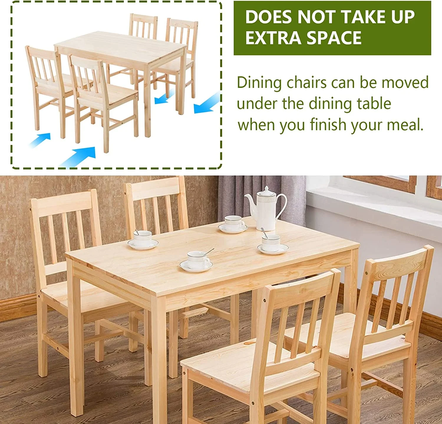 RUNFAYBIU Dining Table Set for 4  Pine Wood Kitchen Table and Chairs for Dining Room Table Set for Small Space Wood Kitchen Dinette Table with 4 Chairs