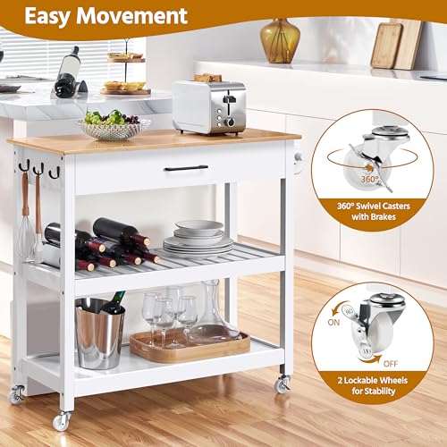 Yaheetech Kitchen Island Cart on Wheels with Bamboo Tabletop, 3-Tier Rolling Kitchen Island Microwave Cart with Drawer, Detachable Towel, 3 Hooks, 17