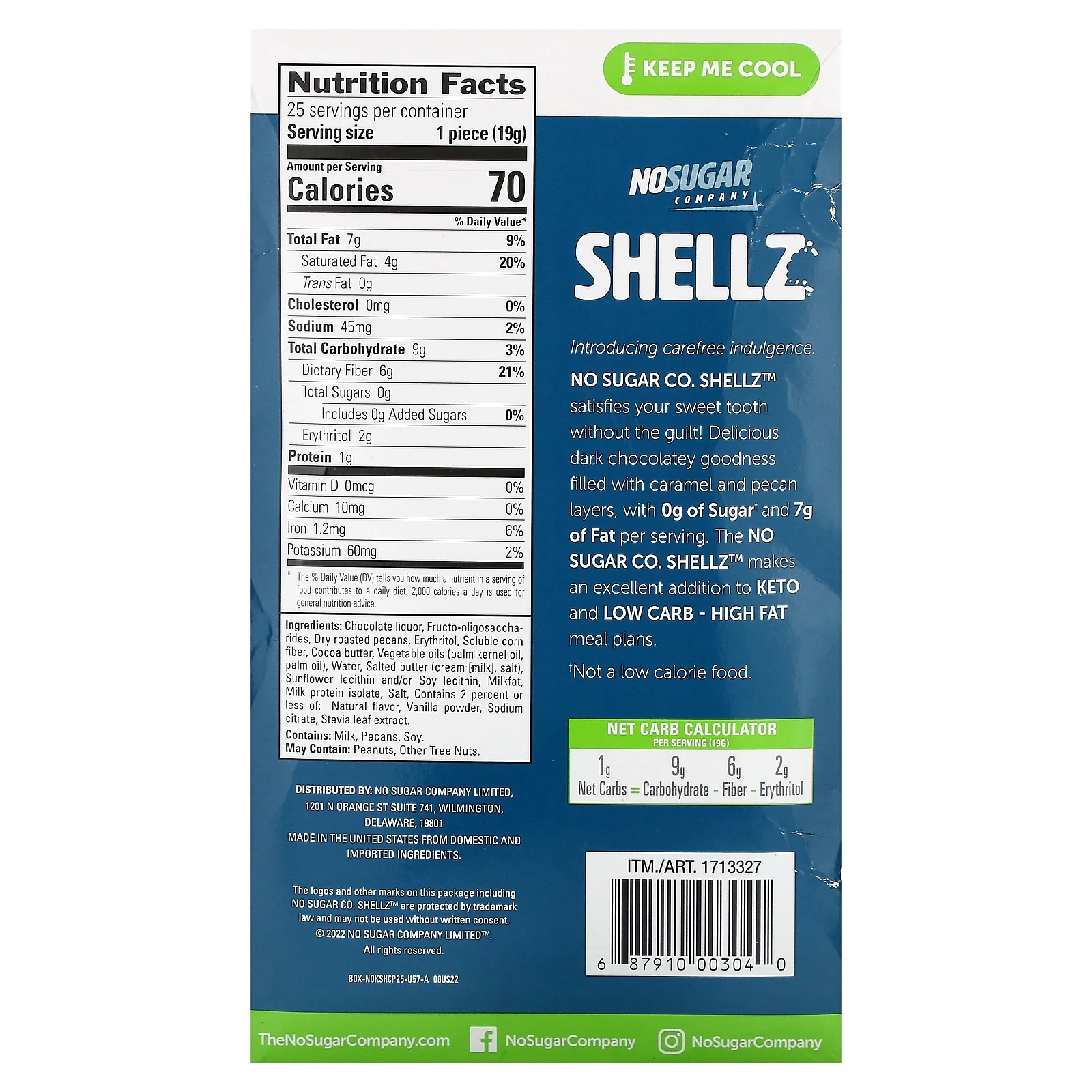 No Sugar Company Shellz, Dark Chocolatey Caramel Pecan, 25 Pieces, 0.67 oz (19 g) Each