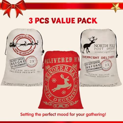 JOYIN 3 PCS Christmas Large Canvas Gift Bag 26