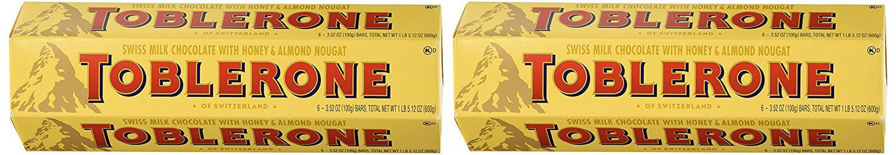 toblerone ( 2 pack )6-3.52oz ( 12 total bars ) of each of swiss milk chocolate with honey & almond nougat