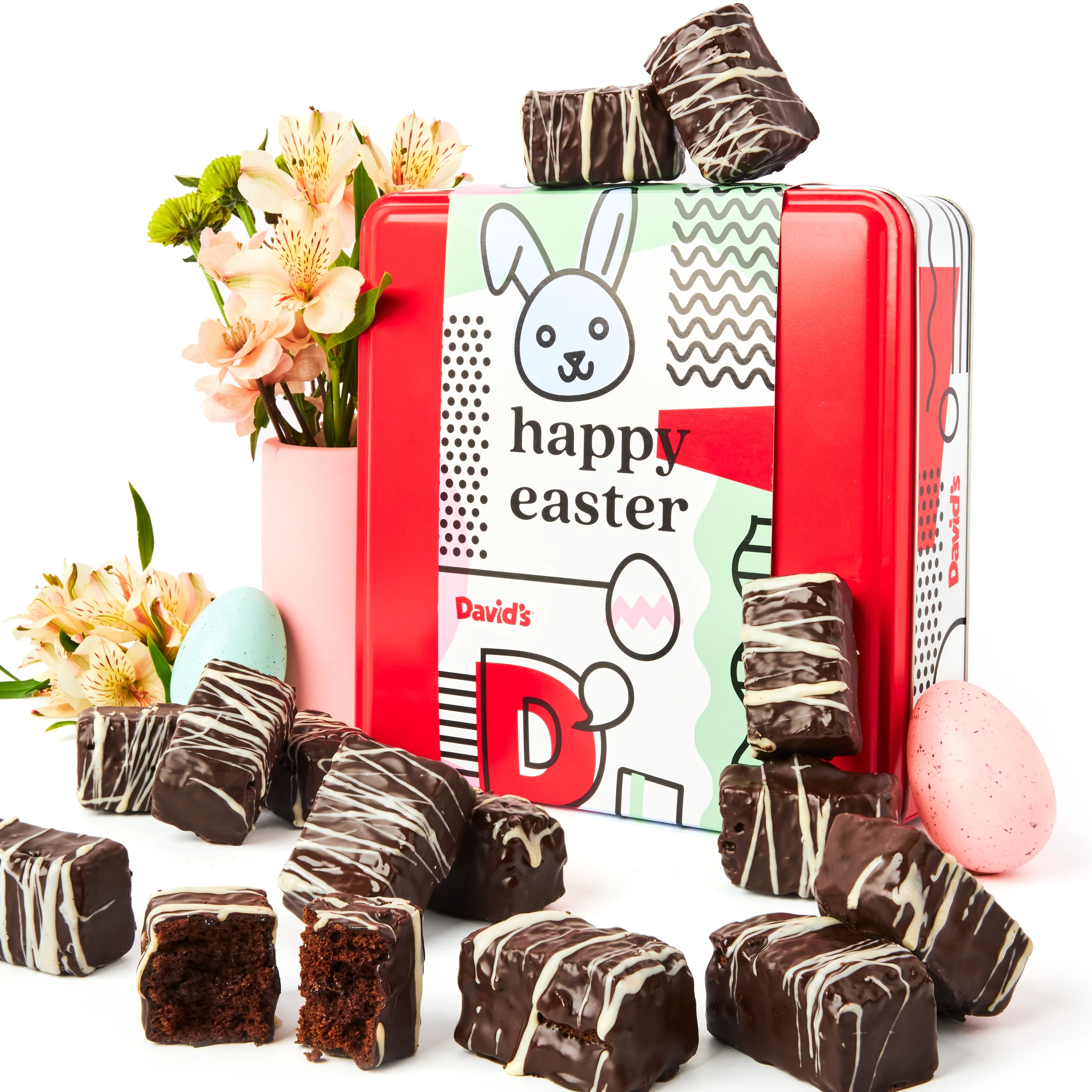 David’s Cookies Oven-Fresh Baked Brownie Bites – Delicious Decadent Dark Chocolate Glazed Mini Brownie In A Happy Easter-Themed Tin Gift Box – Individually Wrapped Gourmet Chocolate Brownies 16 Pcs