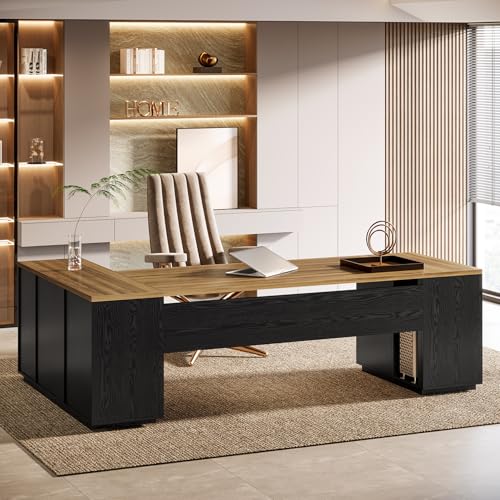 Tribesigns 85.8-Inch L-Shaped Executive Office Desk with File Drawers & Storage Cabinet, Professional Corner Computer Desk Extra Large Business Workstation with Adjustable Shelves (White&Walnut)