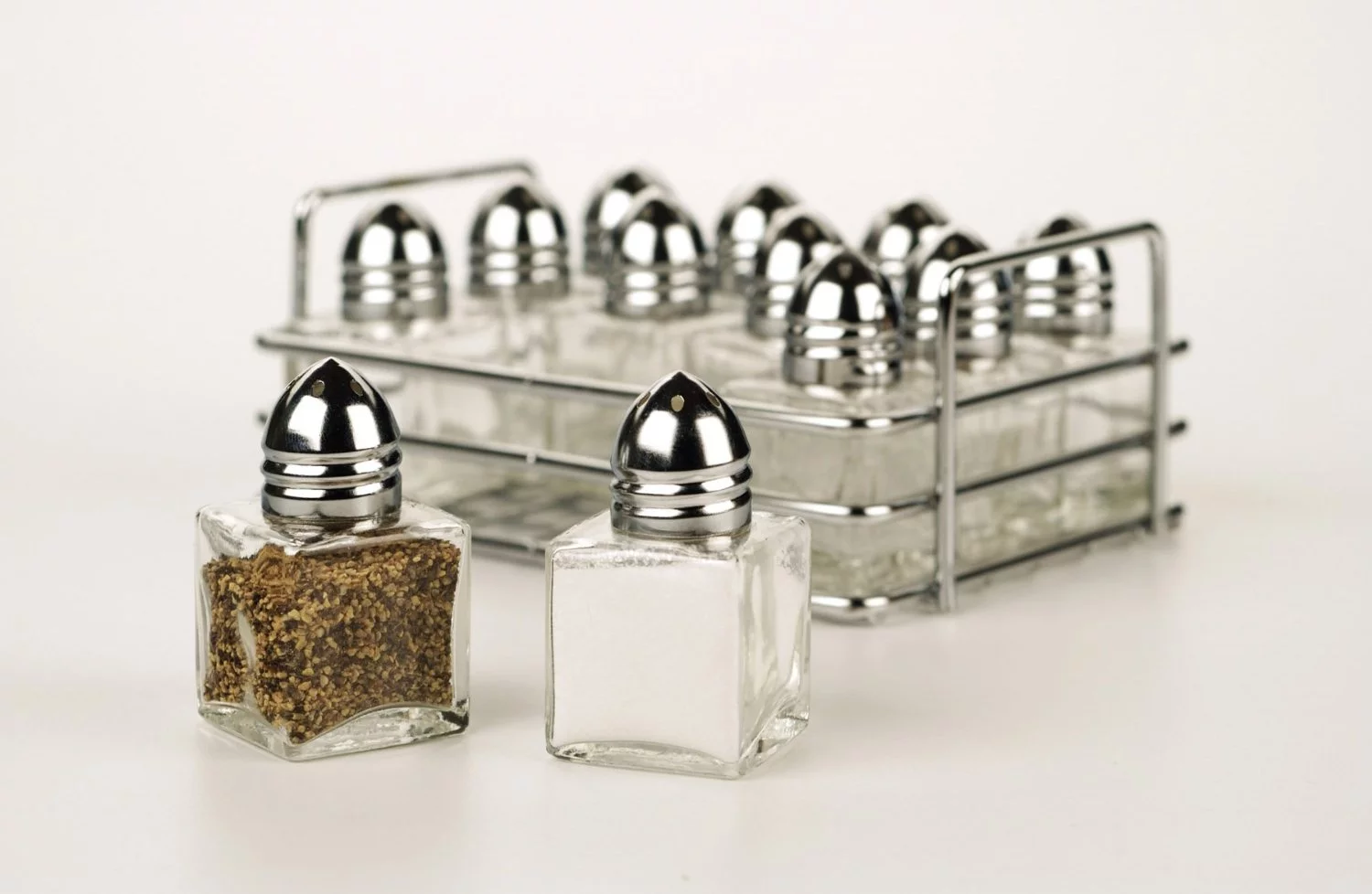 Silver Stainless Steel Mini Glass S and P Shakers with Rack (Set of 12)