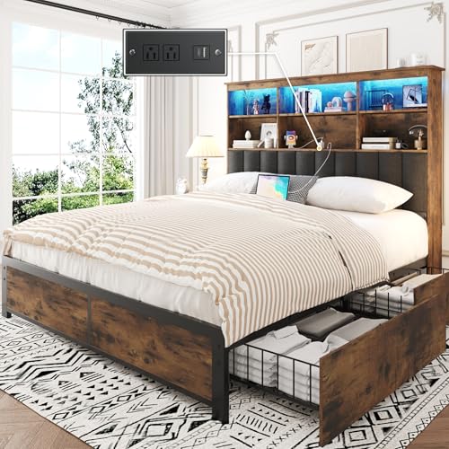 Lifezone Queen Bed Frame with Headboard, Queen Bed Frame with High Storage Bookcase Headboard,4 Storage Drawers & Charging Station & LED,No Box Spring Needed/Noise Free/All-Metal Support,Rustic Grey