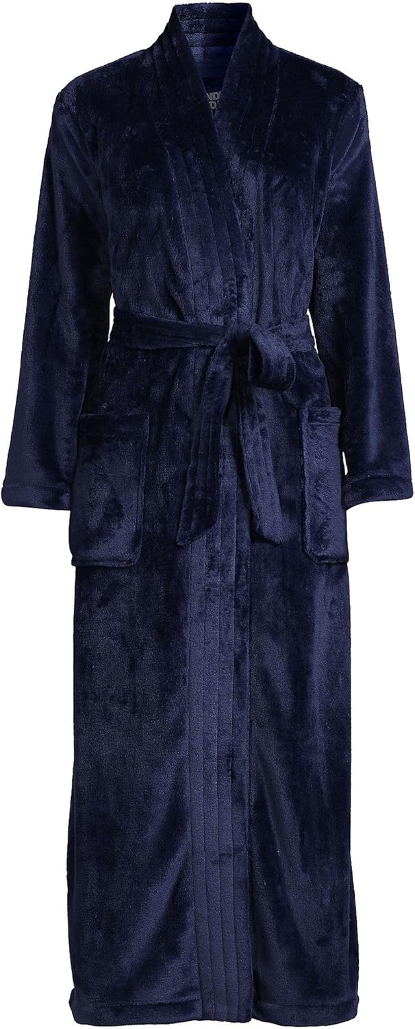 Lands' End Womens Cozy Plush Long Wrap Robe Deep Sea Navy Regular Small