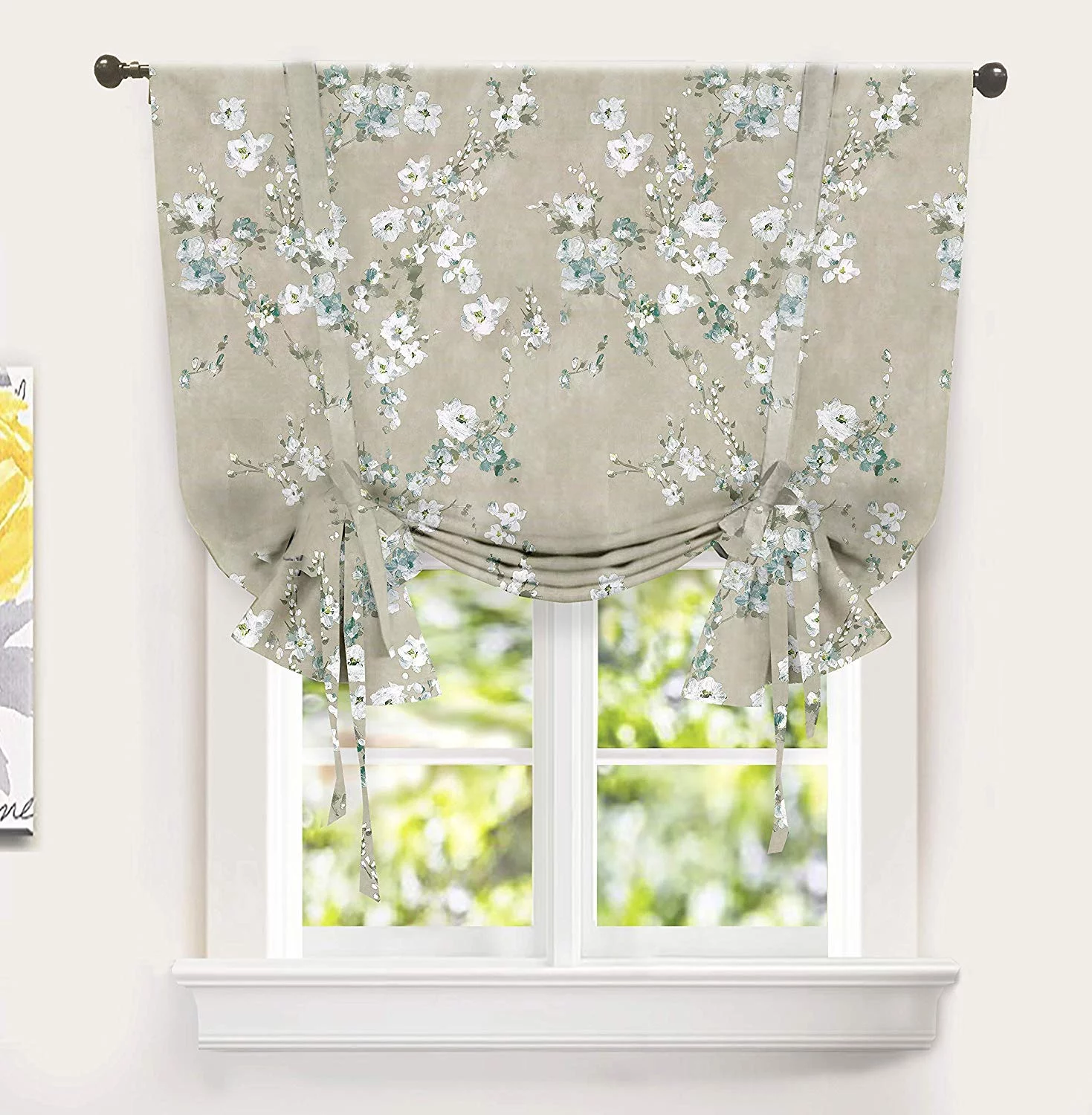 DriftAway Mackenzie Tie Up Curtain, Blossom Floral Pattern Room Darkening/Thermal Insulated Window Curtain, Adjustable Balloon Curtain for Small Window, Rod Pocket, 45