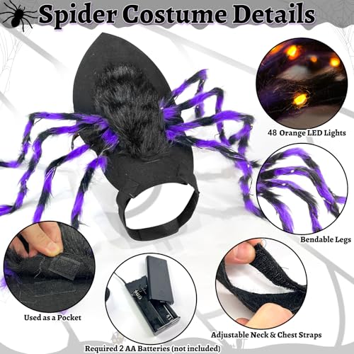 Camlinbo 24 LED Spider Dog Halloween Costume for Small Medium Large Dogs, Furry Giant Spider with Orange Purple Lights Puppy Pet Costume Outfits Clothes Funny Halloween Costume Party Cosplay