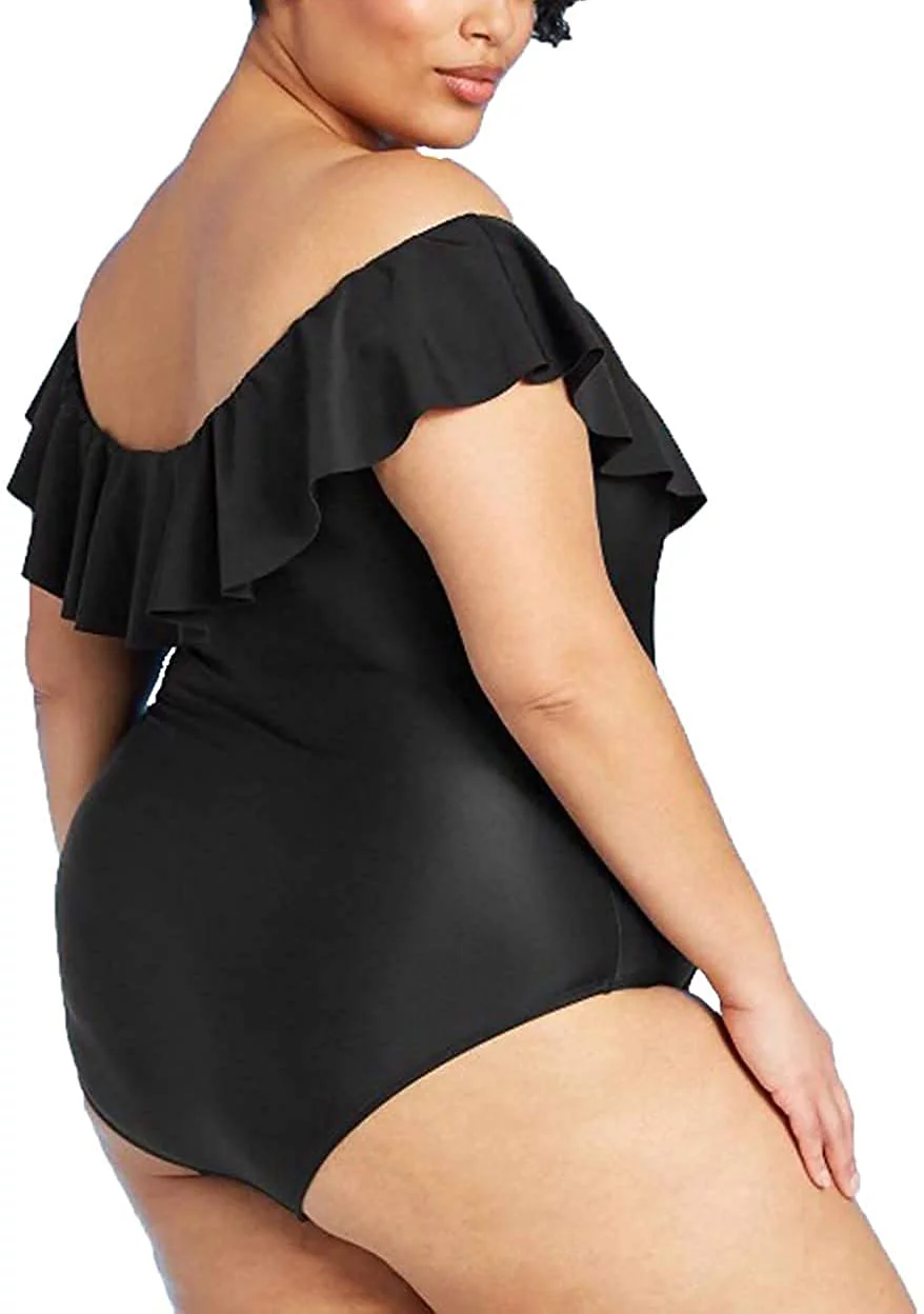 Kona Sol Women's Plus Size Off The Shoulder Ruffled One Piece Swimsuit