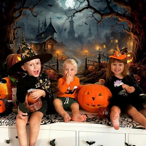 Leowefowa 10x8ft Vinyl Horror Halloween Night Backdrop Halloween Pumpkin Withered Tree Branches Haunted House Flying Bat Spooky Halloween Party Decorations Happy Halloween Background Studio Props