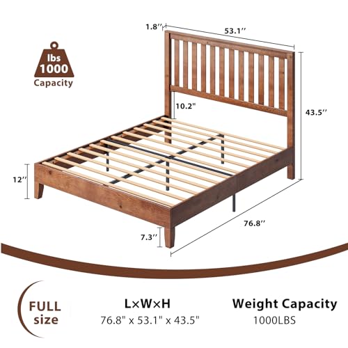 Full Size Solid Wood Bed Frame with Headboard, Platform Bed with Slat Support/No Box Spring Needed/Easy Assembly, Walnut