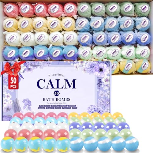 TranquilBliss Bath Bombs for Women, 50 PCS Set with 10 Rich Scents, Natural Bubble Bathbombs, Dry Skin Moisturizing, Present for Christmas, Mother’s Day, Birthday, for Mom, Wife, Her, Girls