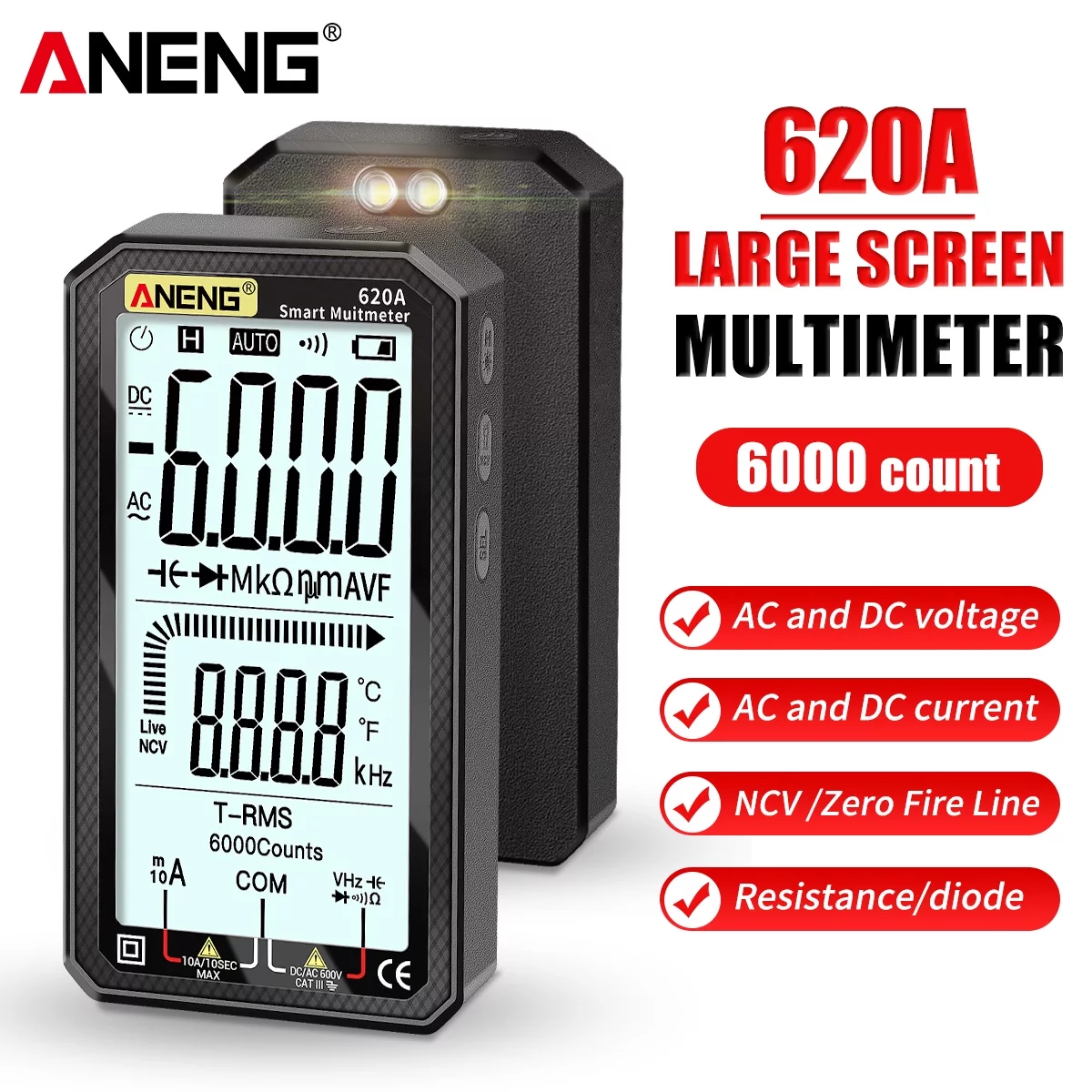 ANENG 4.7-Inch LCD Multimeter Auto-Ranging, True-RMS, and Shockproof Silicone Cover Ideal for Electronics