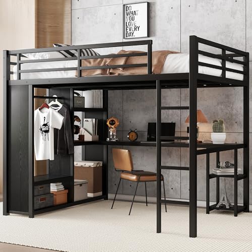 Queen Size Loft Bed with Desk and Storage Shelves, Queen Loft Bed with Wardrobe and Hanging Rod, Game Loft Beds with Guardrail and Ladder, Heavy Duty Loft Beds for Adults Teens, Balck