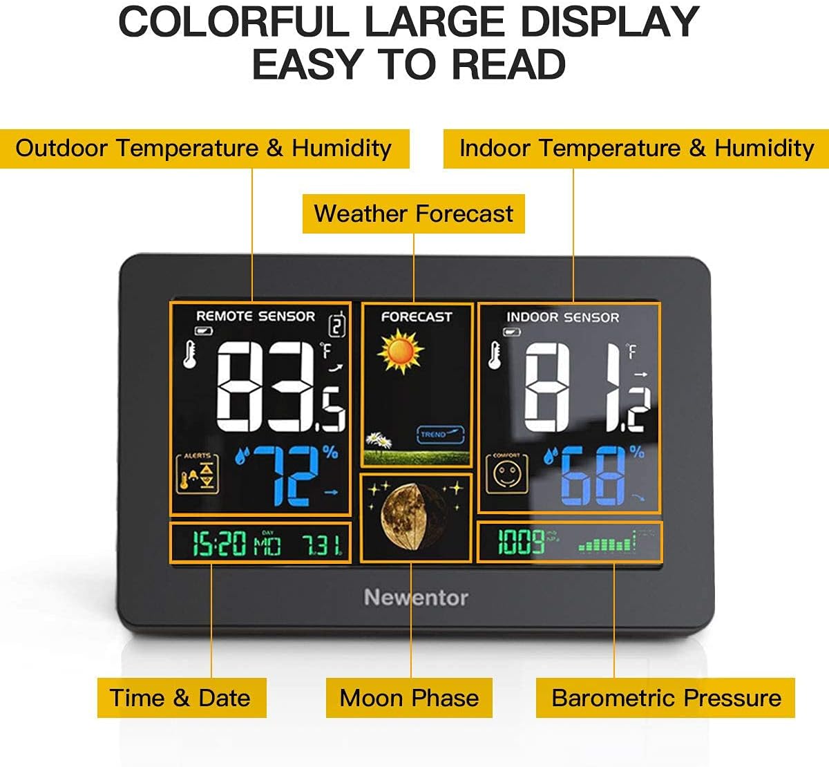 Newentor Weather Station Wireless Indoor Outdoor Thermometer, Color Display Digital Weather Thermometer with Atomic Clock, Forecast Station with Calendar and Adjustable Backlight