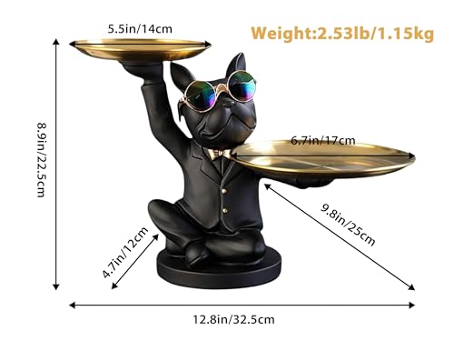 Butler Statue with 2 Metal Trays, Resin French Bulldog Sculpture, Key Bowl for Entryway Table, Desk Candy Bowl, Jewelry Earring Tray, Multipurpose Sculpture Home Decor (Sit-Black)
