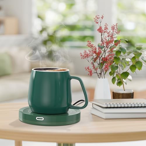 BESTINNKITS Smart Coffee Cup Warmer Set, Auto On/Off Gravity-induction Mug Office Desk Use, Candle Wax Cup Warmer Heating Plate (Up To 131F/55C), 14oz