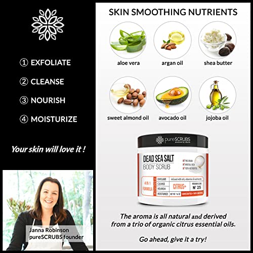 pureSCRUBS Premium Eucalyptus Body Scrub Set - Large 16oz Dead Sea Salt Body Scrub With Infused Essential Oils & Nutrients, Includes Wooden Spoon, Loofah & Oatmeal Exfoliating Bar Soap