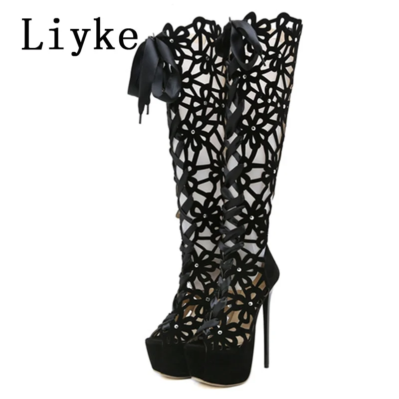 16CM Ultra Thin High Heels Sexy Nightclub Hollow Out Over The Knee Boots Women Peep Toe Lace-Up Zip Platform Shoes Sandals Black 40