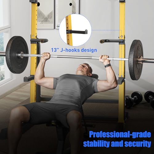 Power Cage Squat Rack – Heavy Duty 1000LB Capacity Home Gym System with Adjustable Pull-Up Bar, Safety Spotter Arms & J-Hooks for Weight Lifting, Bench Press, Crossfit – Yellow​​