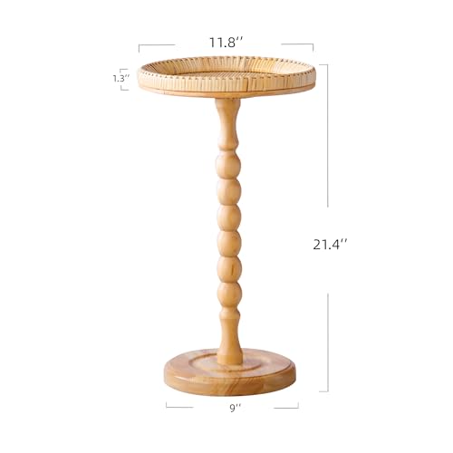 Drink Table，Rattan Round Small Side Table for Small Spaces, Boho Circle End Table Coffee Table with Solid Wood Leg for Living Room, Pedestal Table for Bedroom, Corners