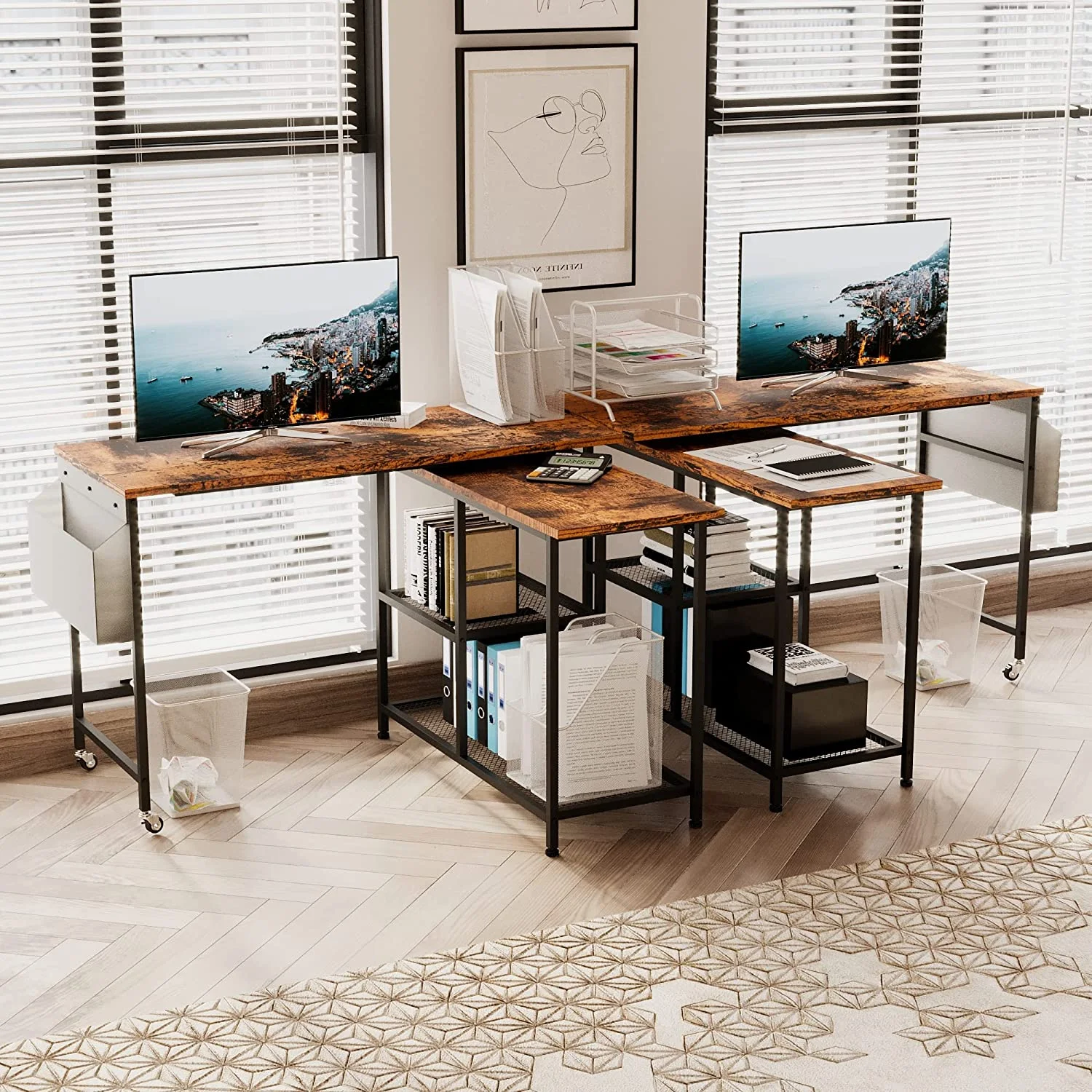 Industrial °Rotating  Office Desk  L-Shaped Corner Computer Desk 67 Inch Large Office Writing Study Workstation with Shelves &  Bag  Rustic Brown