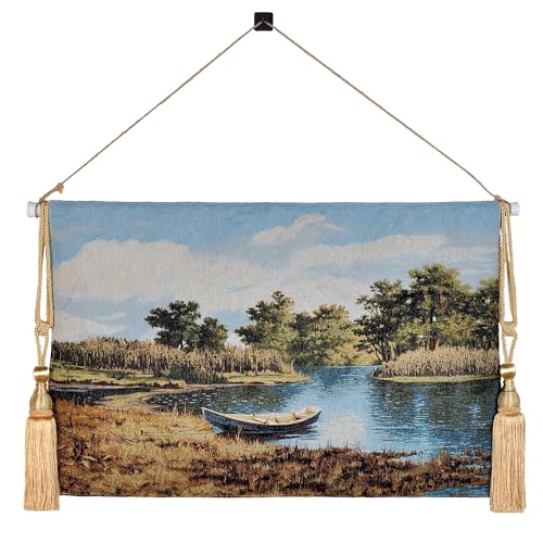 Vintage Nature Tapestry Wall Hanging Set with Telescopic Rod & Tassels - Jacquard Woven Fabric Aesthetic Lake & Mountain Landscape Wall Tapestry for Bedroom/Living Room Decor Green Art (42
