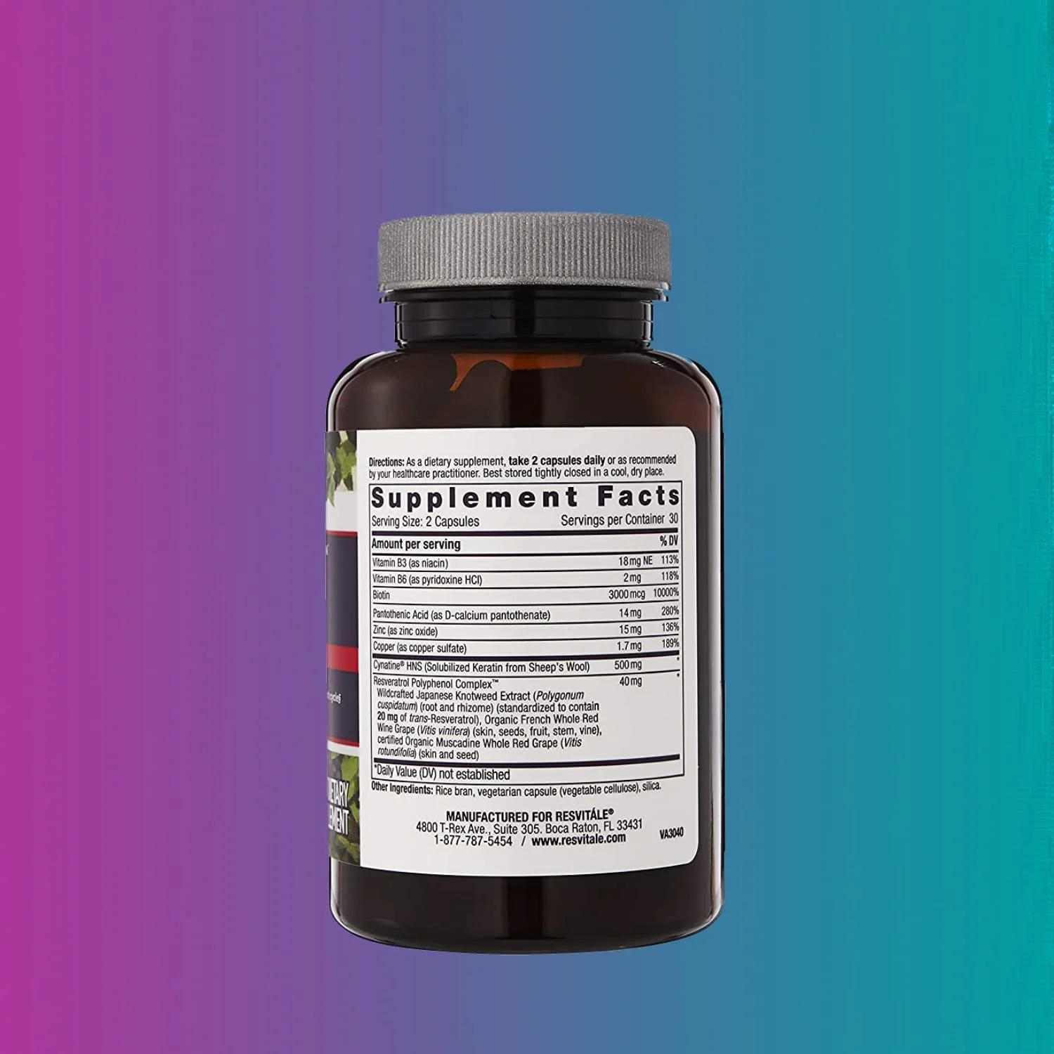 ResVitale Keratin Hair Enhance - Keratin Complex for Hair, Skin and Nails - Keratin Hair Supporter with Resveratrol, Biotin, Vitamin B6, & Pantothenic Acid - 60 Veggie Caps