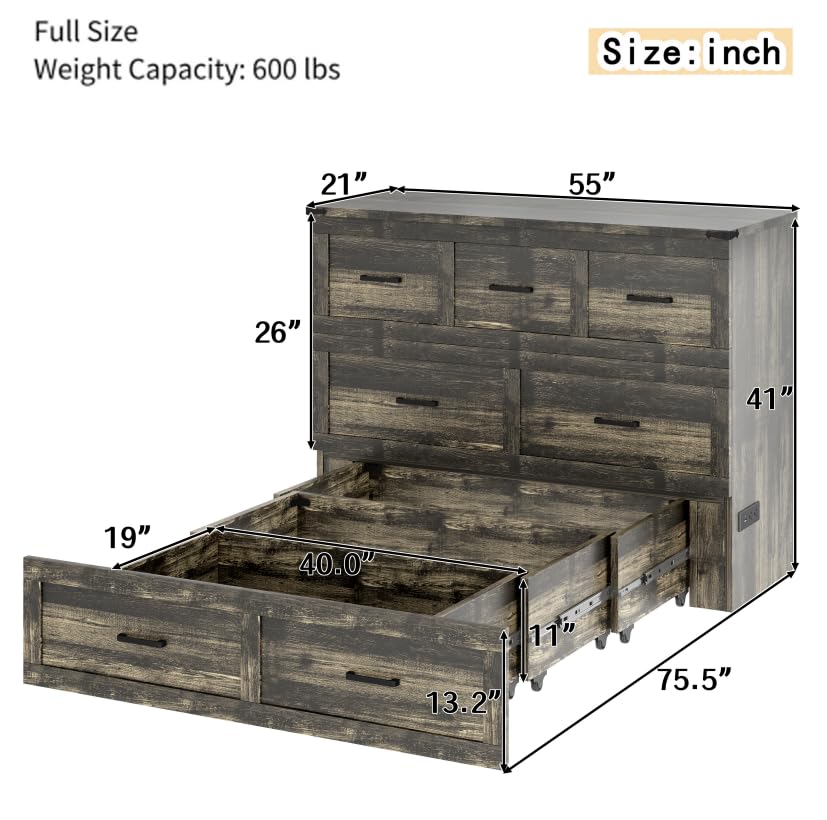 Bellemave Queen Murphy Bed, Cabinet Bed with Charging Station and Storage, Farmhouse Murphy Cabinet with Foldable Panel, Noisy Free, for Guest Bedroom, Living Room, Office, Rustic Gray