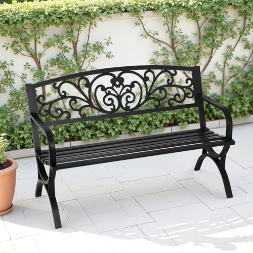 Garden Bench,Metal Outdoor Bench Park Bench with Plastic Mesh Backrest Armrests Sturdy Steel Frame for Patio Yard Porch Entryway Black