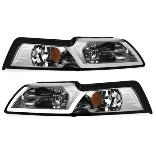 7422440591543 Compatible With 1999-2004 Ford Mustang Switchback Sequential LED Strip Bar Chrome Housing Headlights With Amber Reflector