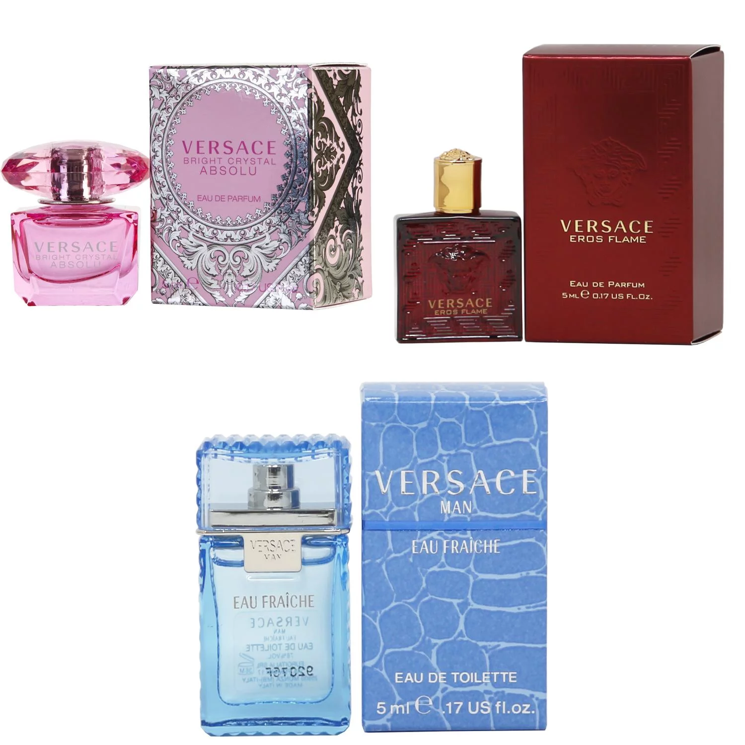 Versace Bright Crystal Absolu EDP, Eros Flame EDP, Man Eau Fraiche EDT - 5ml 3PK Kit