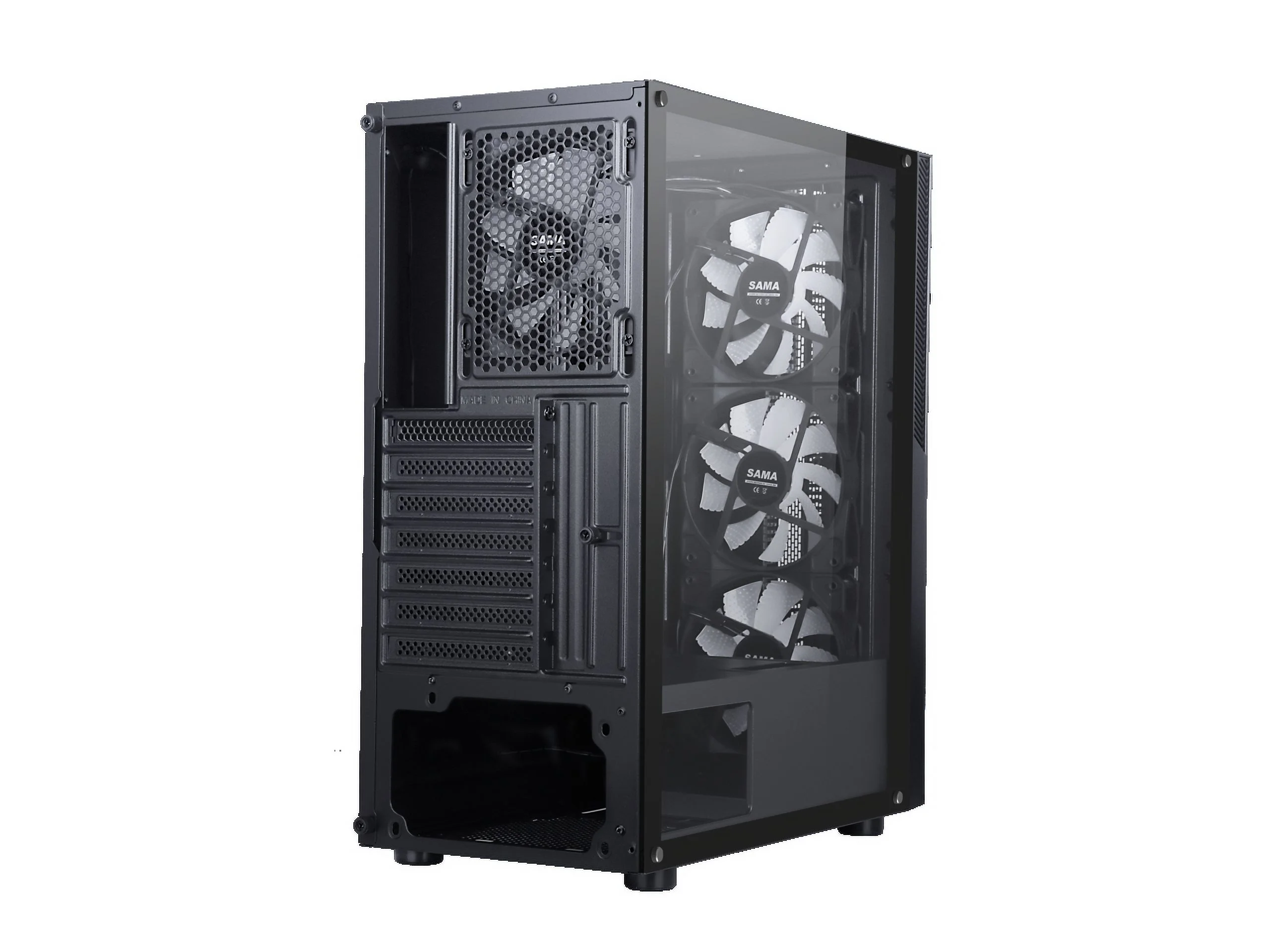 SAMA Sama-M2-TG Black USB3.0 Steel/ Tempered Glass ATX Mid Tower Gaming Computer Case w/Tempered Glass Panel and 4 x 120mm Autoflow Rainbow LED Fans (Pre-Installed)