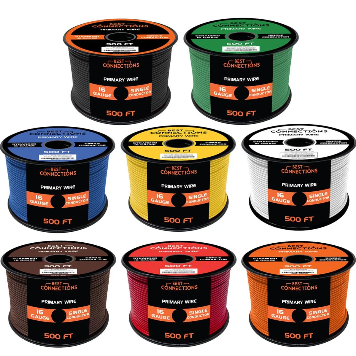 BEST CONNECTIONS 16 Gauge Automotive Primary Wire (500ft Each 8 Color Bundle Set) | Ideal for Trailer, and Lighting Circuits | Durable Primary/Remote, Power/Ground Electrical Wiring