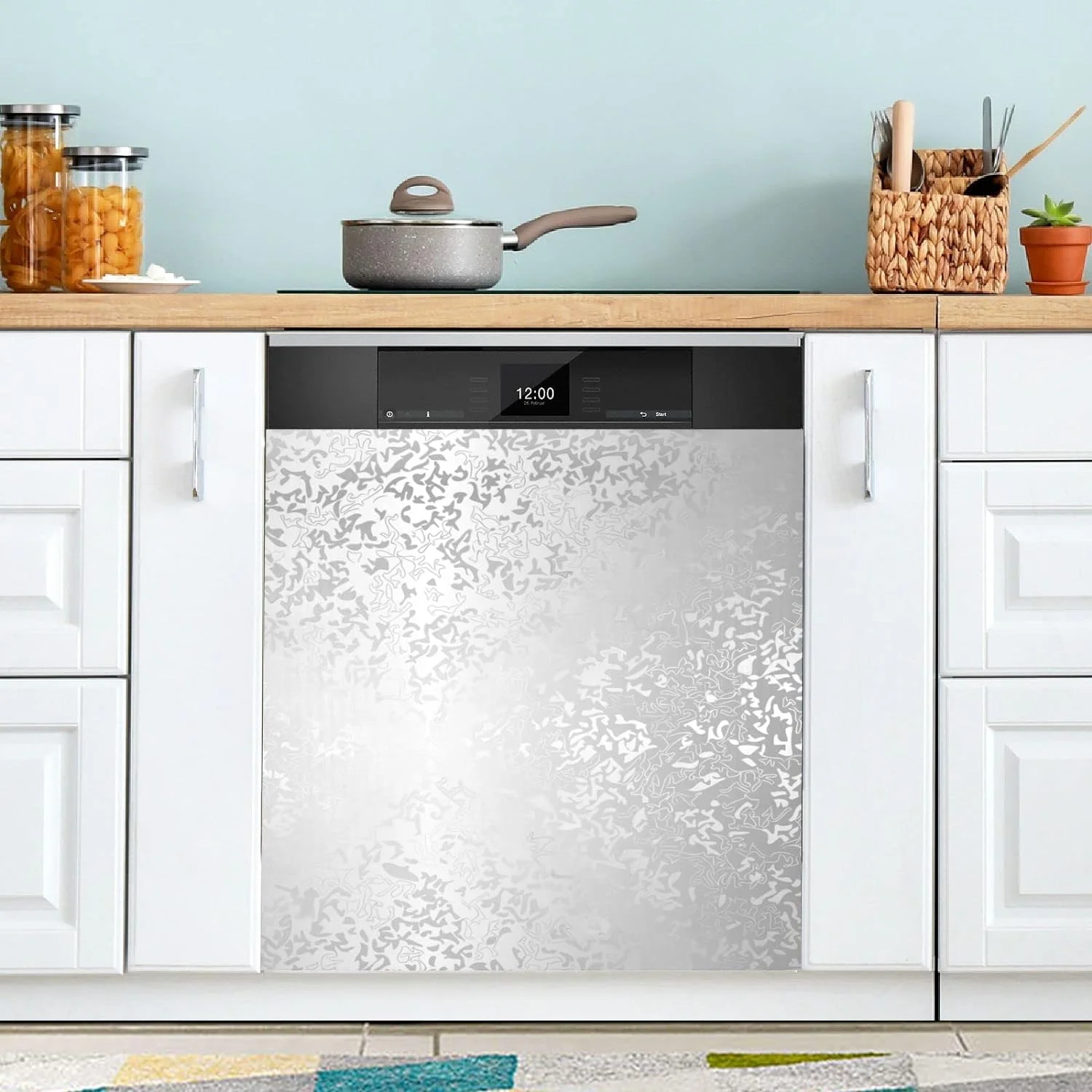 Magnetic Dishwasher Stickers Silver Flowers Pattern Kitchen Dishwasher Cover Sticker, Panel Decal Cabinet Appliances Stickers 23in W x 26in H Home Decor