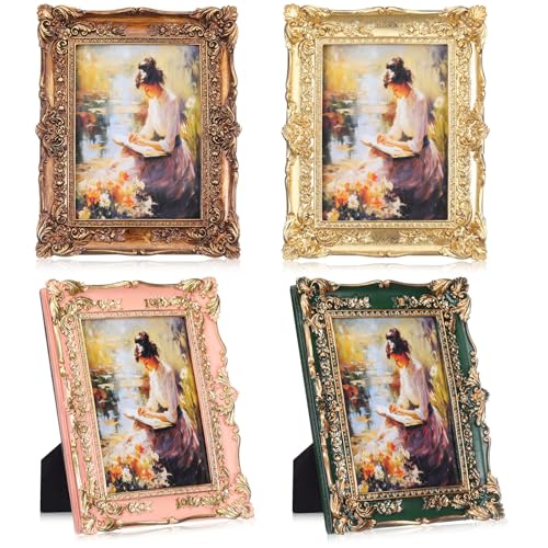 Kathfly 4 Pcs Vintage Picture Frame Set 4x6 Antique Oval Ornate Photo Frame with Golden Embossed Flower Retro Gothic Wall Hanging Home Decor for Art Tabletop Photo Display