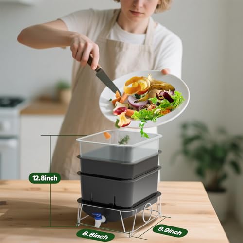 3-Tray 15L Worm Farm Composting Bin with Tool Set - Efficient Indoor/Outdoor Composter for Organic Waste Recycling, Beginner-Friendly Kit for Healthier Plants (Green)