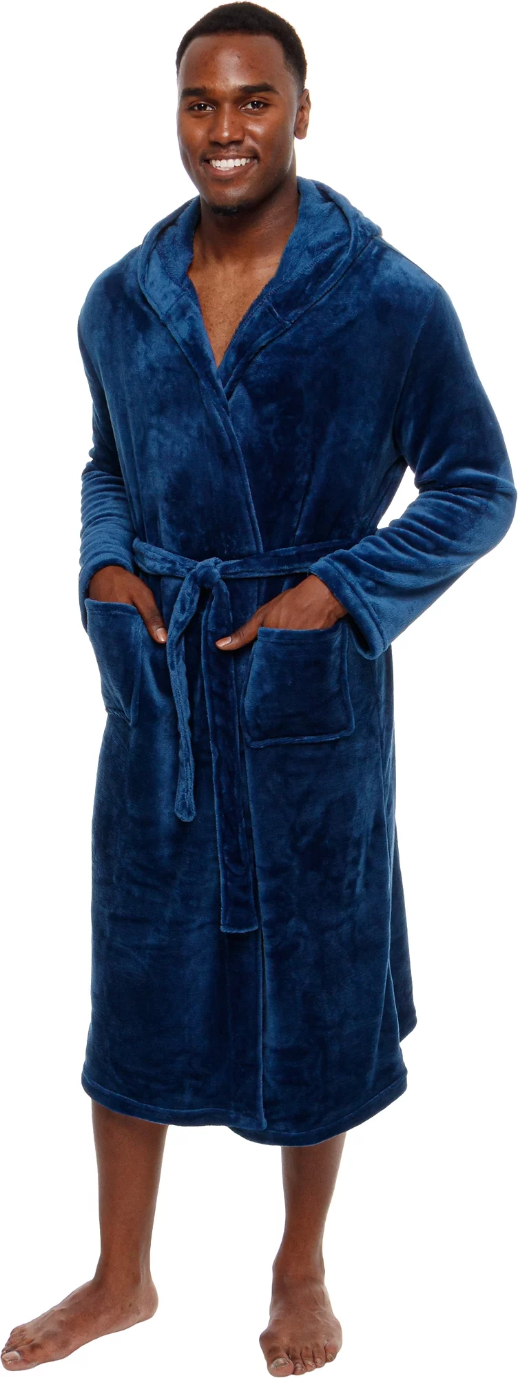 Ross Michaels Mens Robe with Hood - Soft Warm 320 GSM Mid Length Bathrobe - Plush Shawl Collar Fleece Bath Robes for Men (Navy, Small-Medium)