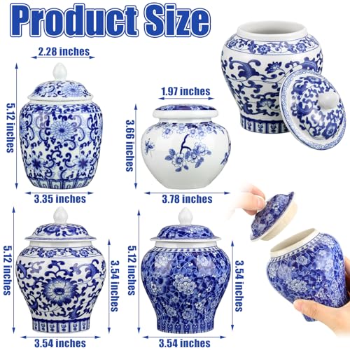 Hushee Set of 4 Small Blue and White Vase Porcelain Vases Blue Chinoiserie Decor Porcelain Ginger Jars for Home Decor Chinoiserie Vase for Bedroom Table Accent Shelf Tabletop Decor (Retro)