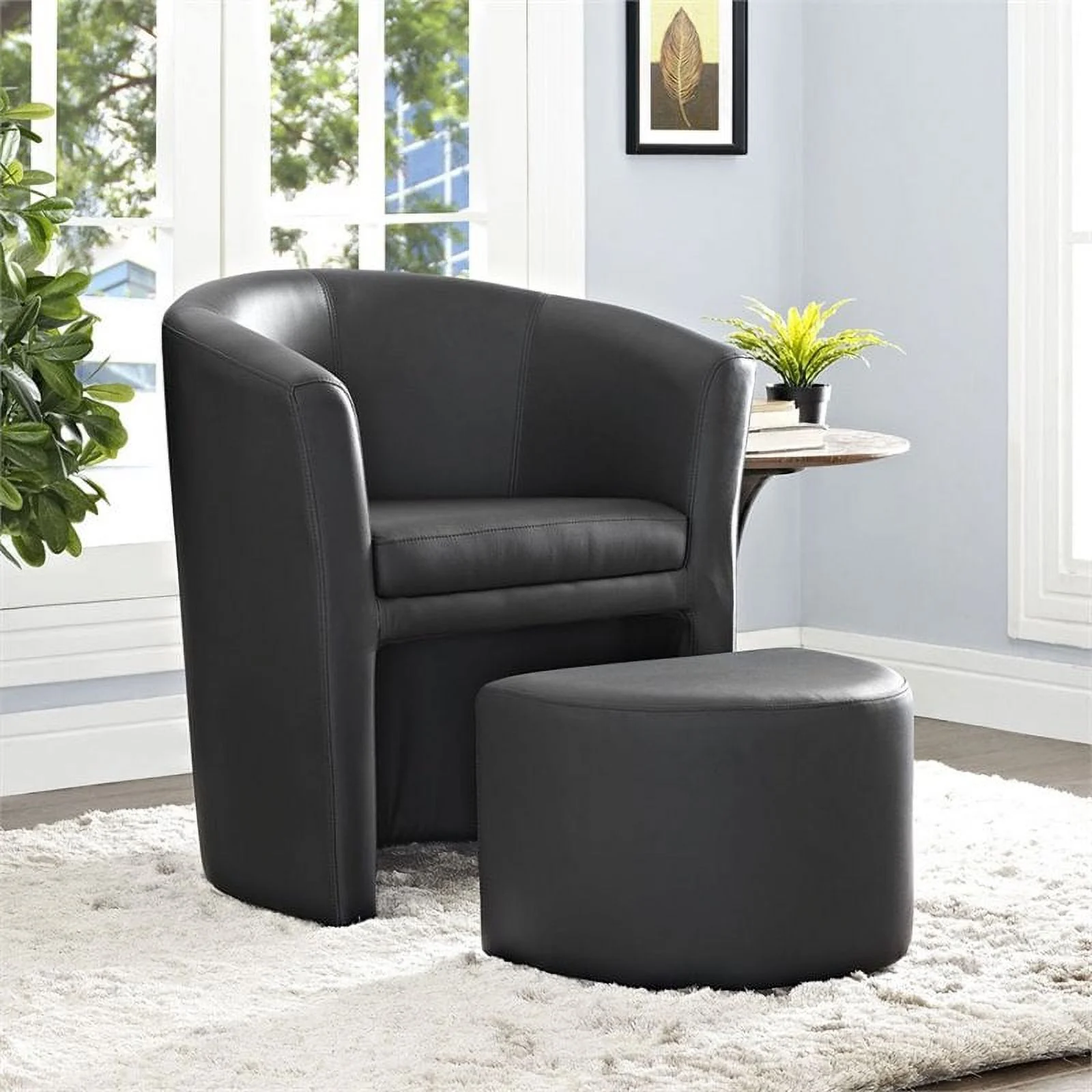 Home Square 2 Piece Faux Leather Accent Chair Set with Ottoman in Black
