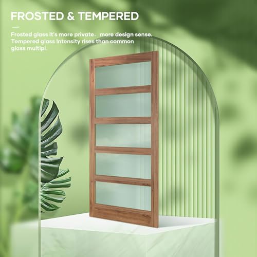 FREDBECK 36 x 84 inch Glass Barn Door with 6.6FT Barn Door Hardware Kit,5-Panel Frosted Glass, Water-Proof Surface,Pre-Drilled Holes,Need Assembly,Fit 33in-34in Opening