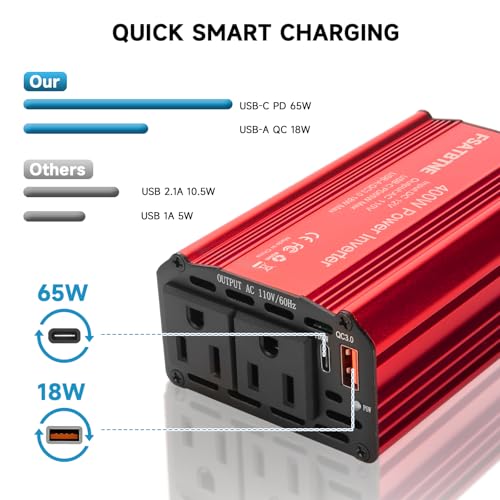 400W Power Inverter, FSATBTNE DC 12V to 110V AC Car Plug Adapter Outlet Converter with [65W PD USB-C] & [18W QC USB-A] Fast Charging Ports and 2 AC Outlets Car Power Inverters for Vehicles