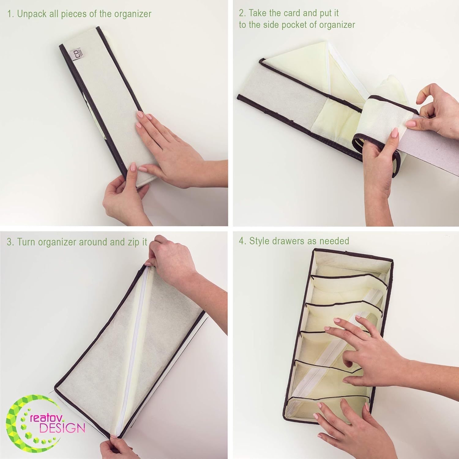 Underwear Sock Drawer Closet Organizer Set of 4 Collapsible Beige Fabric Foldable Storage Boxes Draw Organizers Divider for Panties Bra Socks Tie Belt Lingerie Clothing Fits Under Bed Drawer Closet