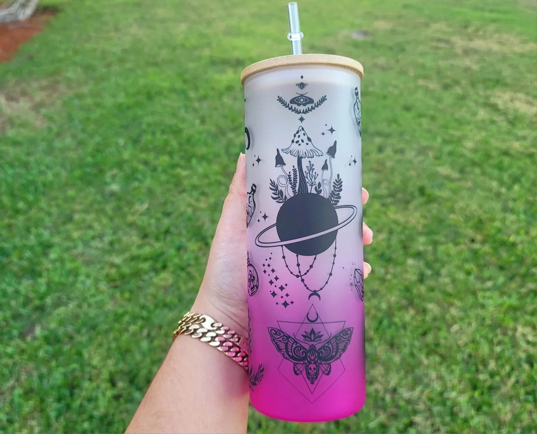 Mushroom Beer Can Glass | Boho Moth Coffee Glass | Aesthetic Coffee Glass | 24 oz