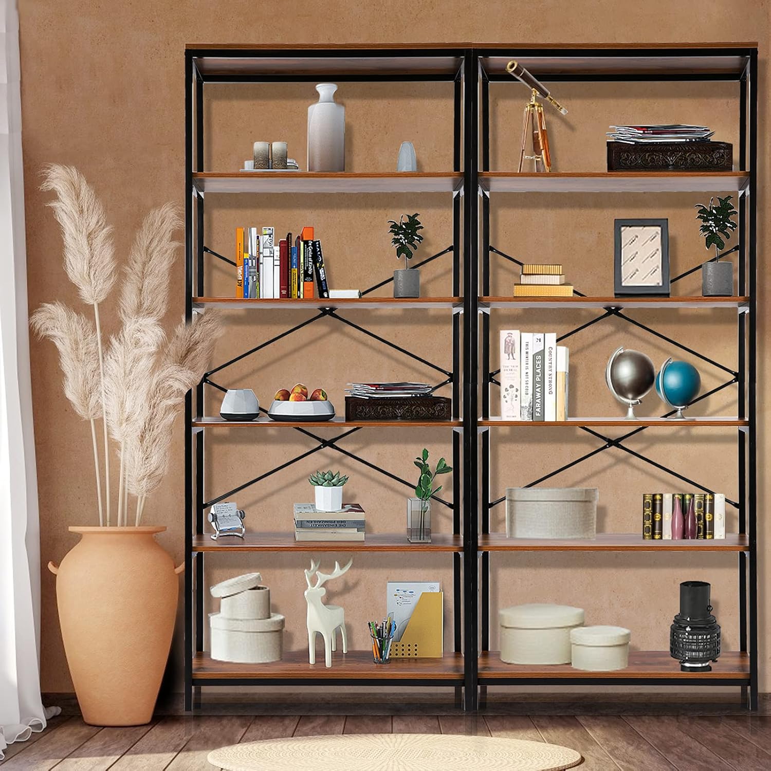 5-Tier Industrial Style Bookshelf and Bookcase, Vintage 5-Shelf Industrial Bookshelf Furniture (US Stock)